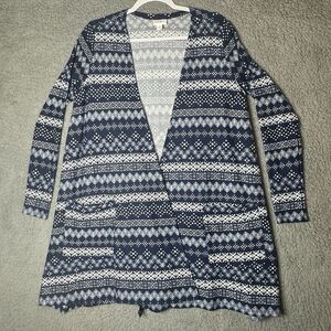 Lularoe Caroline Cardigan Sweater Blue & White Geometric Patterns Open Front Med